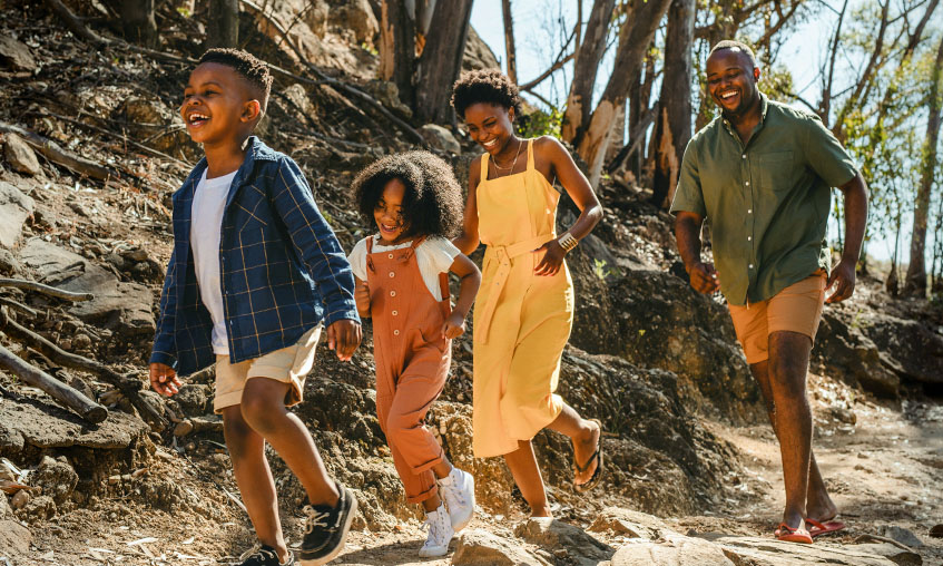 Family hiking in the forest